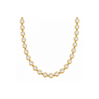 Gold necklace with clear gemstones on a white background