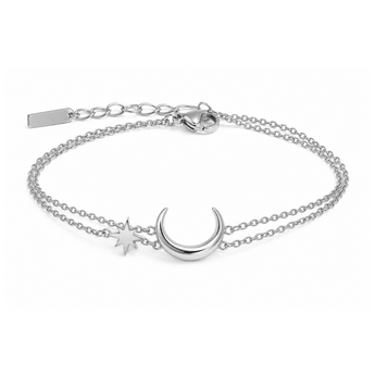A silver double-chain bracelet featuring a polished crescent moon charm, a small star charm, and a lobster clasp closure, shown on a clean white background.