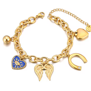 Gold Evil Eye Angel Wings Charm Bracelet