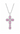 Silver cross pendant with pink gemstones on a white background