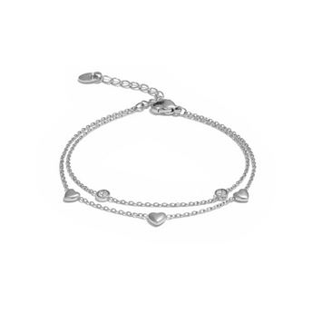 Silver bracelet with heart-shaped charms on a white background