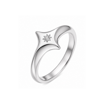 A polished silver ring featuring a curved, star-like top set with a small cluster of clear gemstones, shown on a plain white background.