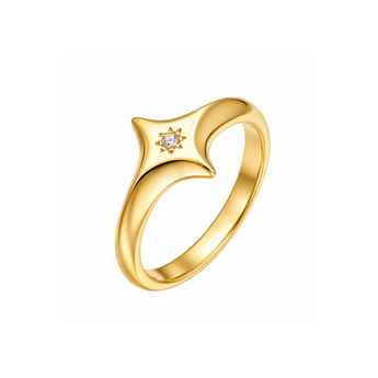 A gold ring featuring a sculpted, curved star-like top set with a small clear gemstone, shown on a plain white background.