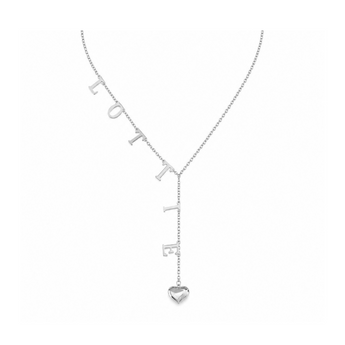 A silver Y-necklace featuring the word 'LOVE' spelled out in dangling letter charms, with a small heart-shaped charm at the bottom, shown on a plain white background.