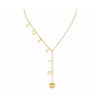 A gold Y-necklace featuring the word 'LOVE' spelled out in dangling letter charms, with a polished gold heart pendant at the bottom, shown on a plain white background.