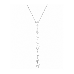 A silver-toned necklace featuring the word 'ITALY' spelled out vertically in elongated letter charms, suspended from a delicate chain against a plain white background.
