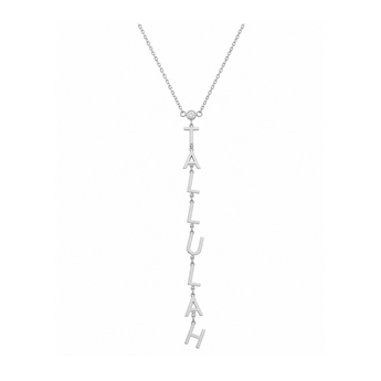A silver-toned necklace featuring the word 'ITALY' spelled out vertically in elongated letter charms, suspended from a delicate chain against a plain white background.