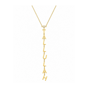 A gold nameplate necklace spelling 'ITALIA' vertically, suspended from a delicate gold chain on a solid white background.