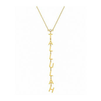 A gold nameplate necklace spelling 'ITALIA' vertically, suspended from a delicate gold chain on a solid white background.