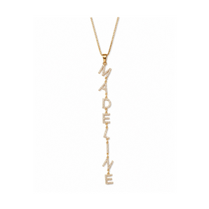 A gold-tone chain necklace with a long vertical pendant spelling 'MADAME' in raised letters, each set with small clear stones, shown on a plain white background.