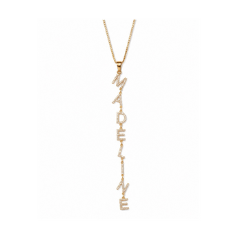 A gold-tone chain necklace with a long vertical pendant spelling 'MADAME' in raised letters, each set with small clear stones, shown on a plain white background.