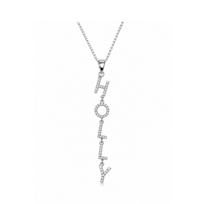 A silver-toned pendant necklace spelling 'HOLLY' with clear stones, suspended from a matching chain on a plain white background.