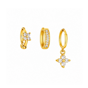 Gold Unique Clover Trio Huggie Set