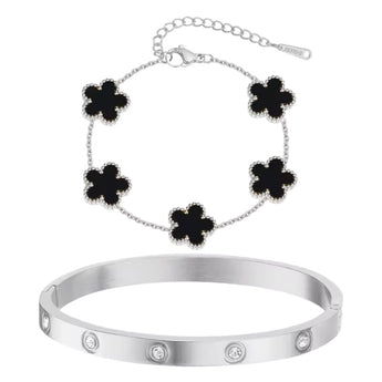 Silver Black Clover Bracelet and Bangle Set Bracelet waterproof tarnish-free jewellery - Binky Belle