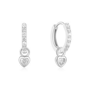 Silver Crystal Luxe Heart Huggies waterproof tarnish-free jewellery - Binky Belle