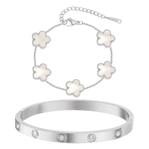 Silver Marble Clover Bracelet and Bangle Set Bracelet waterproof tarnish-free jewellery - Binky Belle