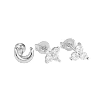 Silver Moon and Clover Trio Set Earrings waterproof tarnish-free jewellery - Binky Belle