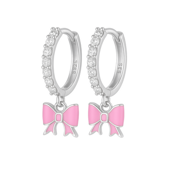 Silver Pink Bow Huggies Earrings waterproof tarnish-free jewellery - Binky Belle
