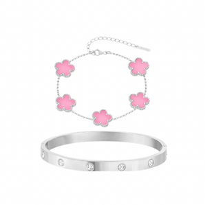 Silver Pink Clover Bracelet and Bangle Set Bracelet waterproof tarnish-free jewellery - Binky Belle