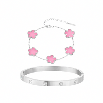 Silver Pink Clover Bracelet and Bangle Set Bracelet waterproof tarnish-free jewellery - Binky Belle