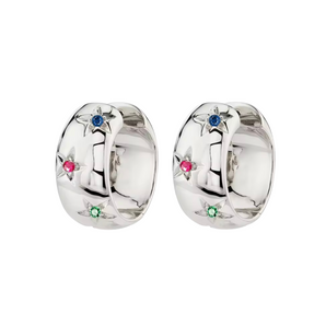 Pair of silver earrings with colourful gemstones placed on a white background