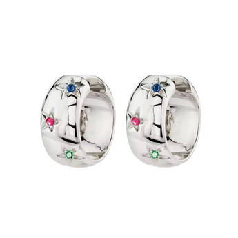 Pair of silver earrings with colourful gemstones placed on a white background
