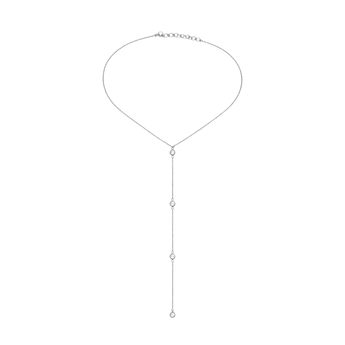 Silver necklace with small dangling charms on a white background