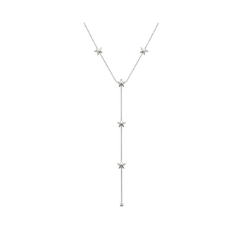 Silver star-shaped lariat necklace on a white background