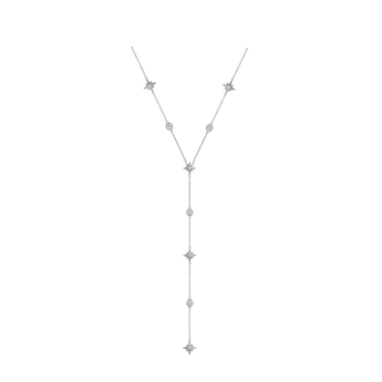 Silver necklace with star-shaped pendants on a white background