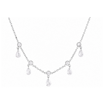 A silver-tone necklace featuring a delicate chain with alternating round bezel-set clear stones and teardrop-shaped clear drop stones, displayed on a solid white background.