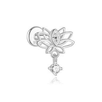 silver stud earring with a hanging crystal placed one a white background