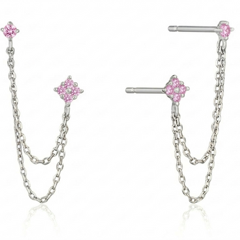 Pair of silver chain earrings with pink gemstones on a white background