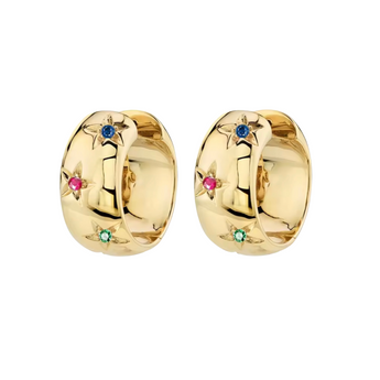 Pair of gold hoop earrings with gemstones on a white background