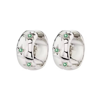 Silver earrings with sage gemstones placed on a white background