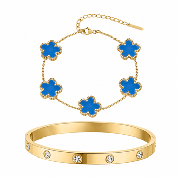 Gold-tone jewelry set featuring a bangle bracelet with clear rhinestones and a matching chain bracelet with blue flower motifs, displayed on a clean white background.