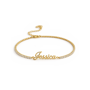 Gold bracelet with 'Jessica' engraving on a white background