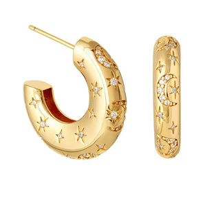 Gold Star and Moon Crystal Stud Hoops