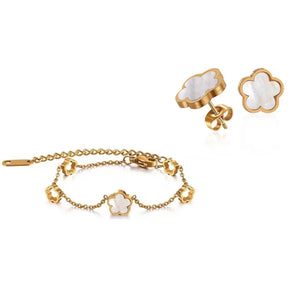 Gold Bracelet and Earring Marble Flower Set