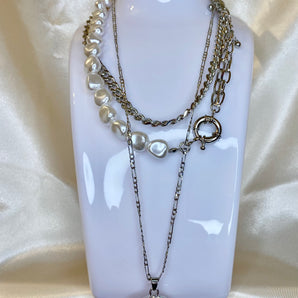 Silver Triple Layer Pearl and Pendant Necklace